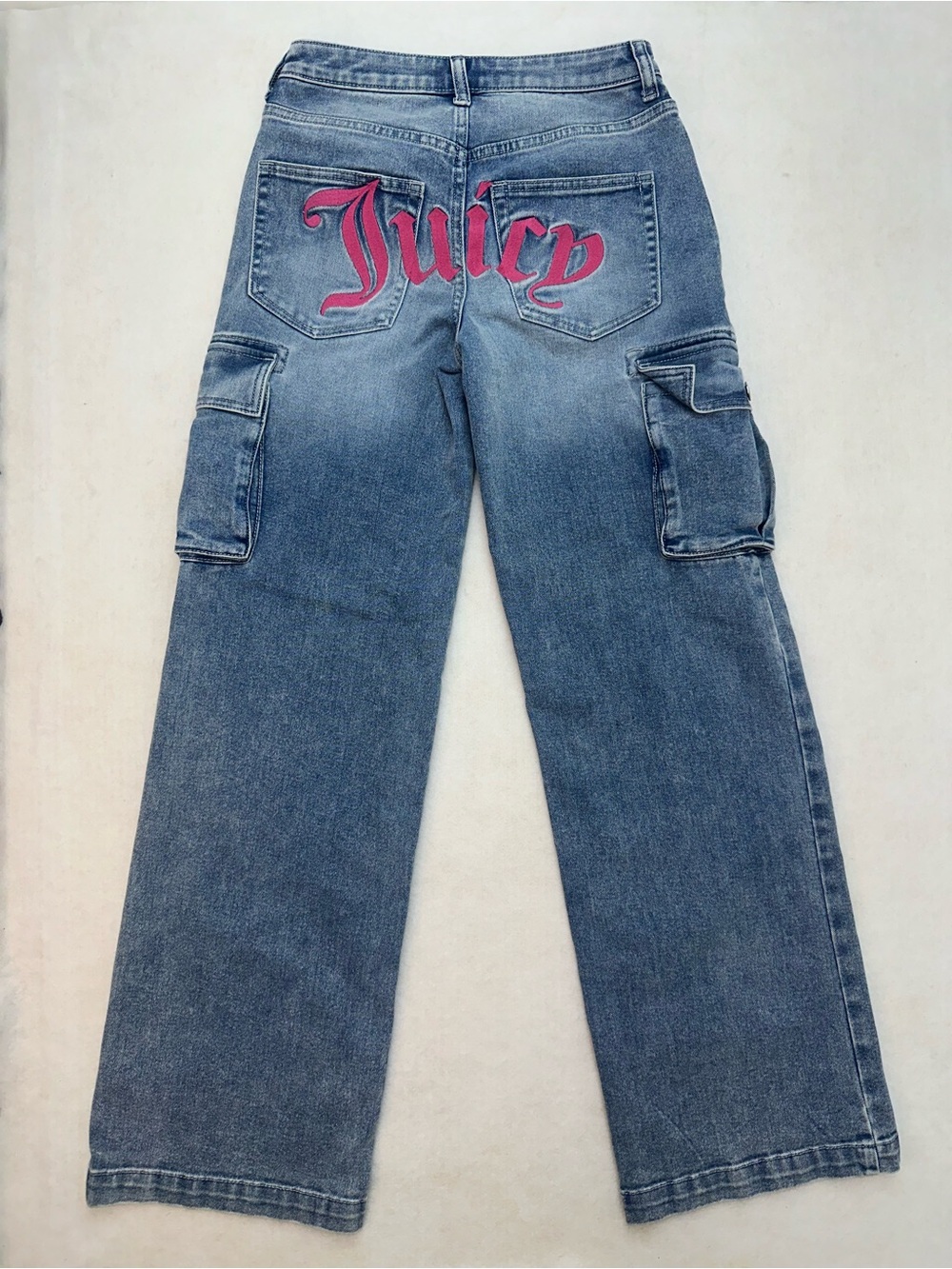 Juicy Couture Cargo Jeans Womens 3/26 Pink Embroidered Logo Wide Leg Y2K